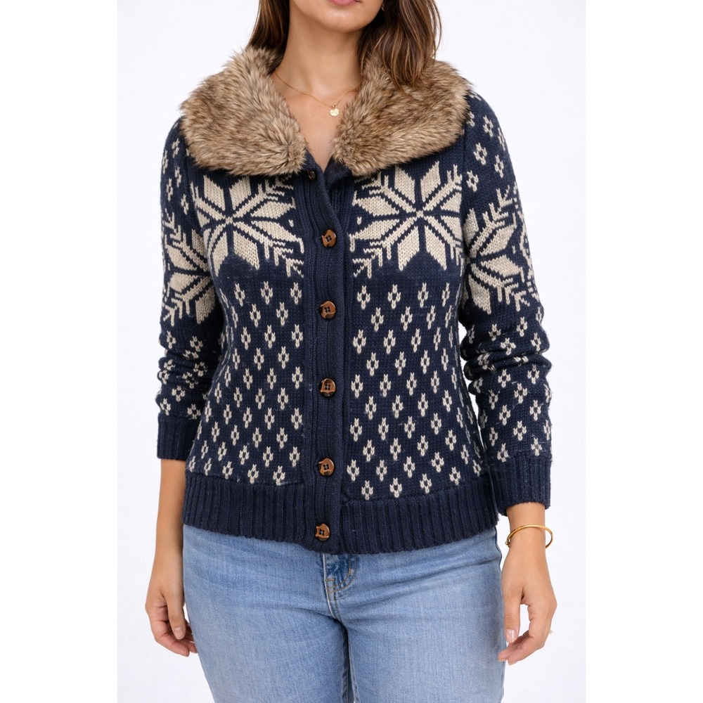 ASOBIO Cardigan Sweater  Small Navy Blue Nordic Faux‎ Fur Collar Sherpa Lined